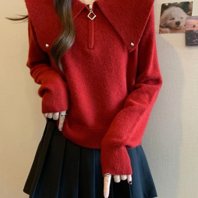 大码女装秋冬洋气减龄娃娃领针织衫毛衣胖mm高级感红色半拉炼上衣