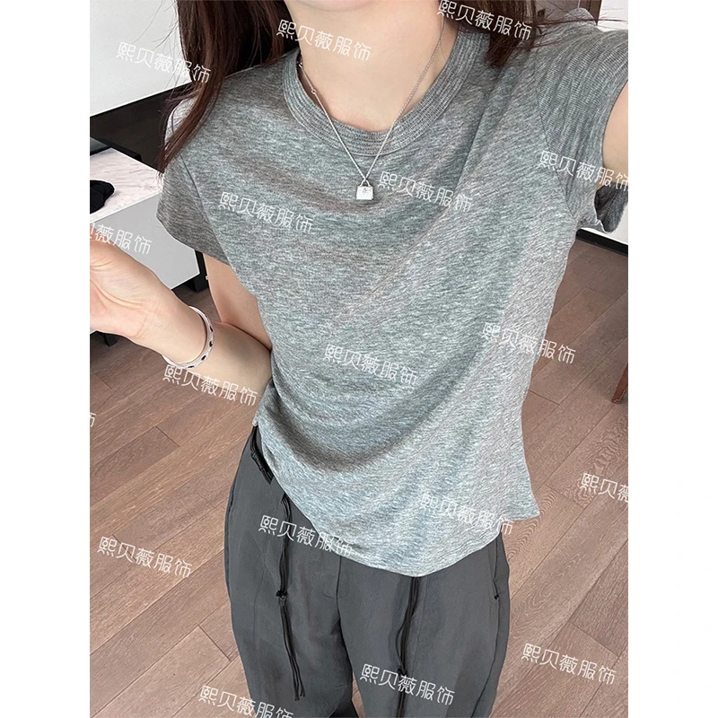 熙贝薇 欧货莱赛尔羊毛纯色百搭柔软圆领飞飞袖短袖T恤 G7865
