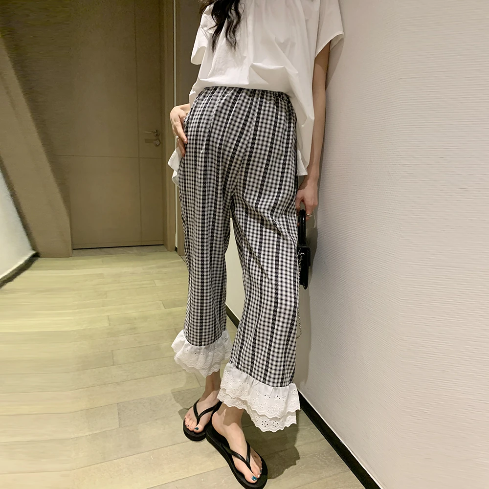 ◆诺初孕妇装◆泰裤辣~提花冰丝格花边休闲裤宽松显瘦直筒九分裤