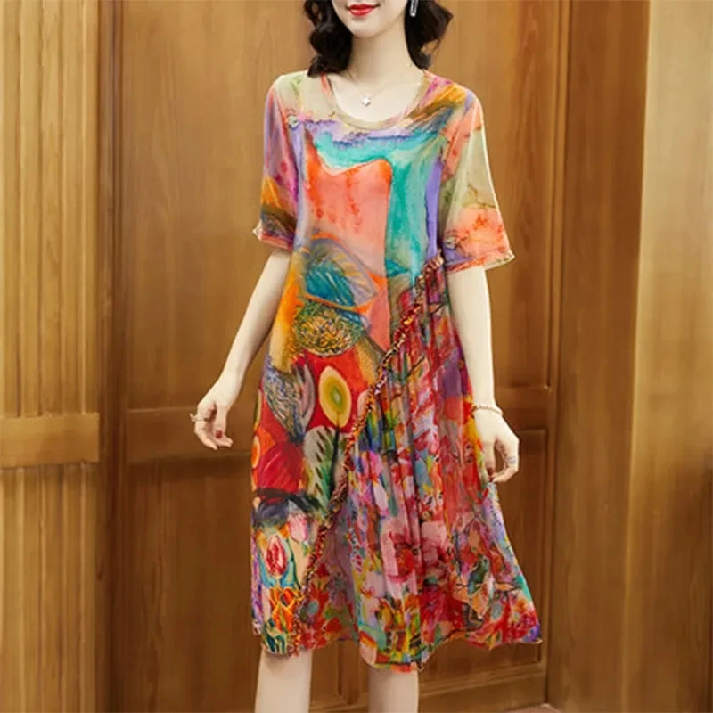 民族风妈妈装阔太太连衣裙2025新款夏季宽松大码油画风中长款裙子