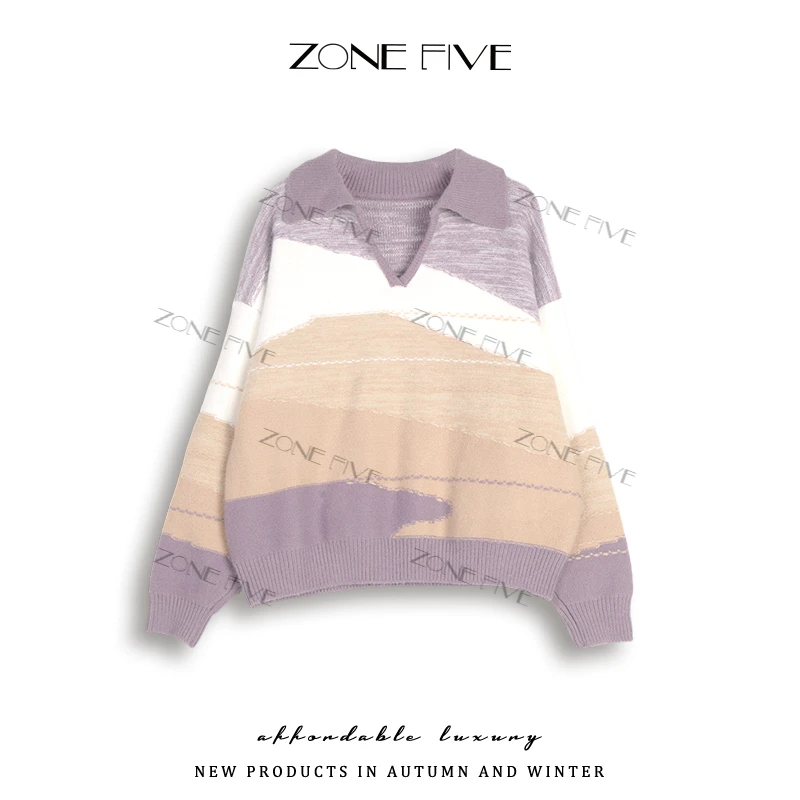 【zonefive】新款时尚宽松拼色翻领毛针织衫针织2025年秋冬