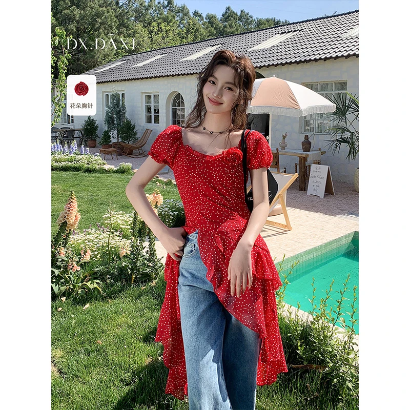 代大喜【奶芙玫瑰】碎花短袖泡泡袖度假风温柔不规则上衣25夏季新款