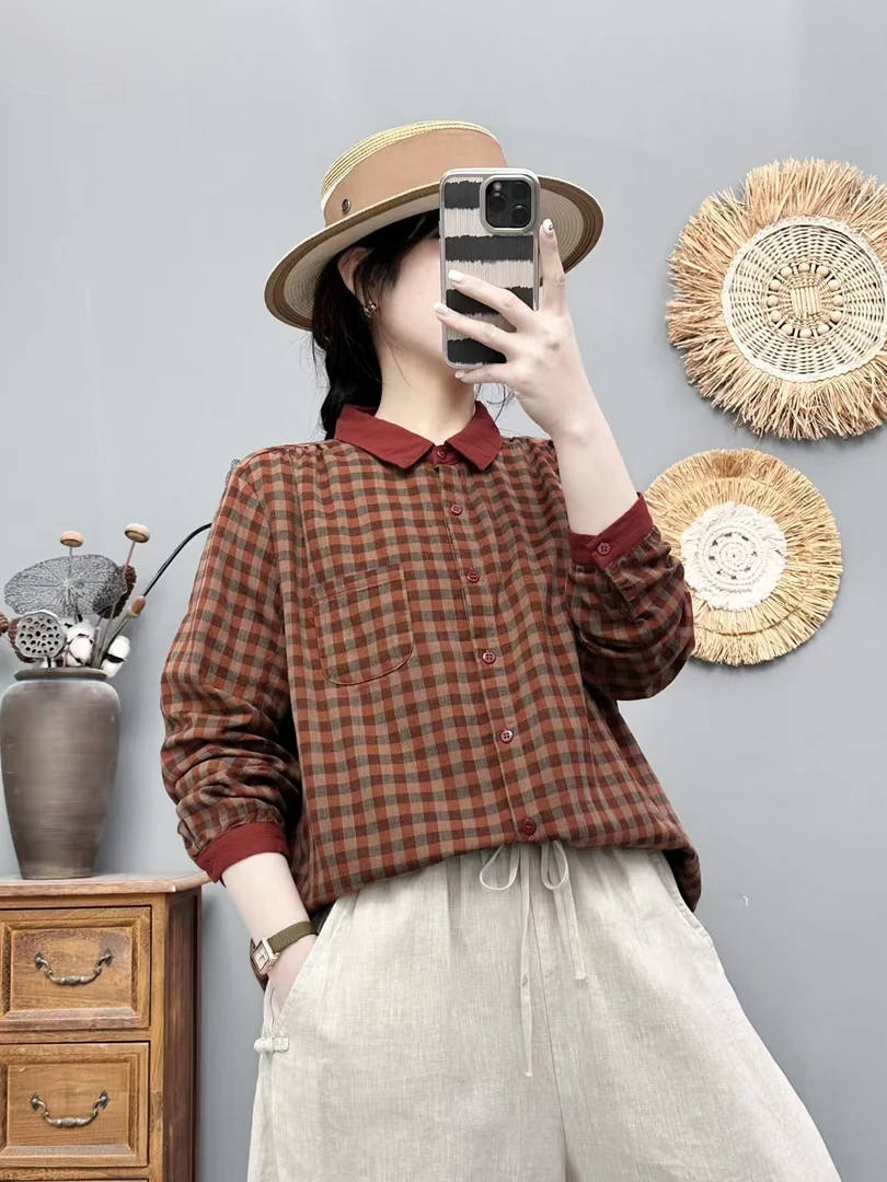85211春秋新款拼色领复古格纹衬衫女休闲时尚百搭宽松洋气衬衫