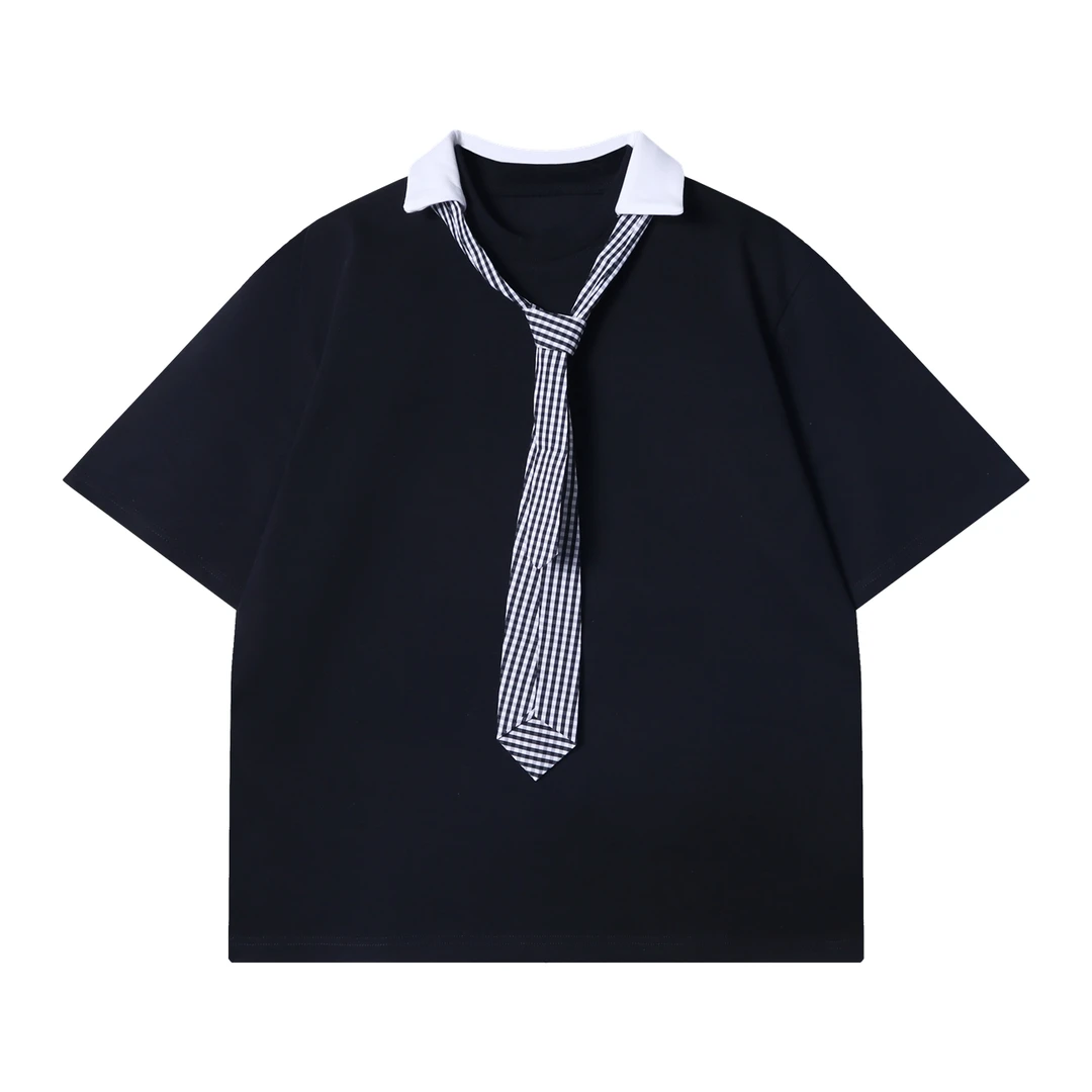 夏季高级感新款韩版撞色假两件领带圆领短袖T恤百搭宽松情侣上衣