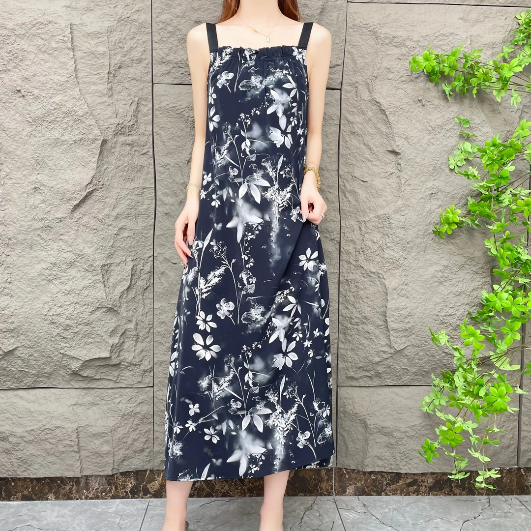 【墨花染】春夏轻奢新款宽松无袖吊带气质时尚印花碎花连衣裙女