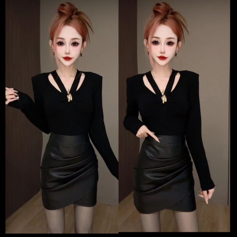 长袖V领复古港风常规款女镶钻T恤辣妹风纯色修身型