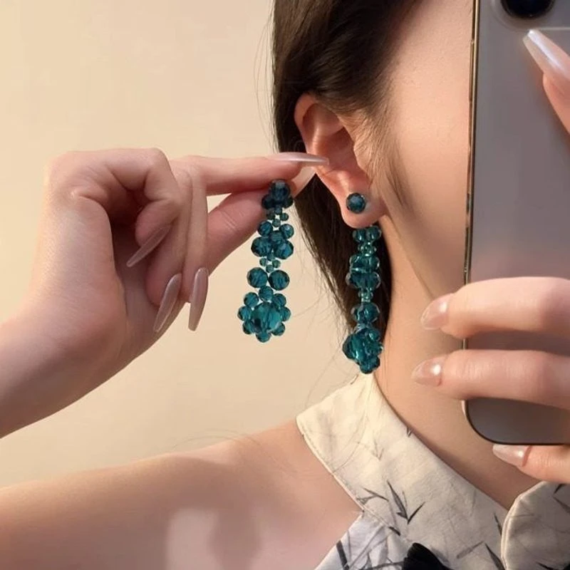 合金仿水晶耳饰 一款两戴式湖蓝色水晶花朵耳钉轻奢小众设计耳饰