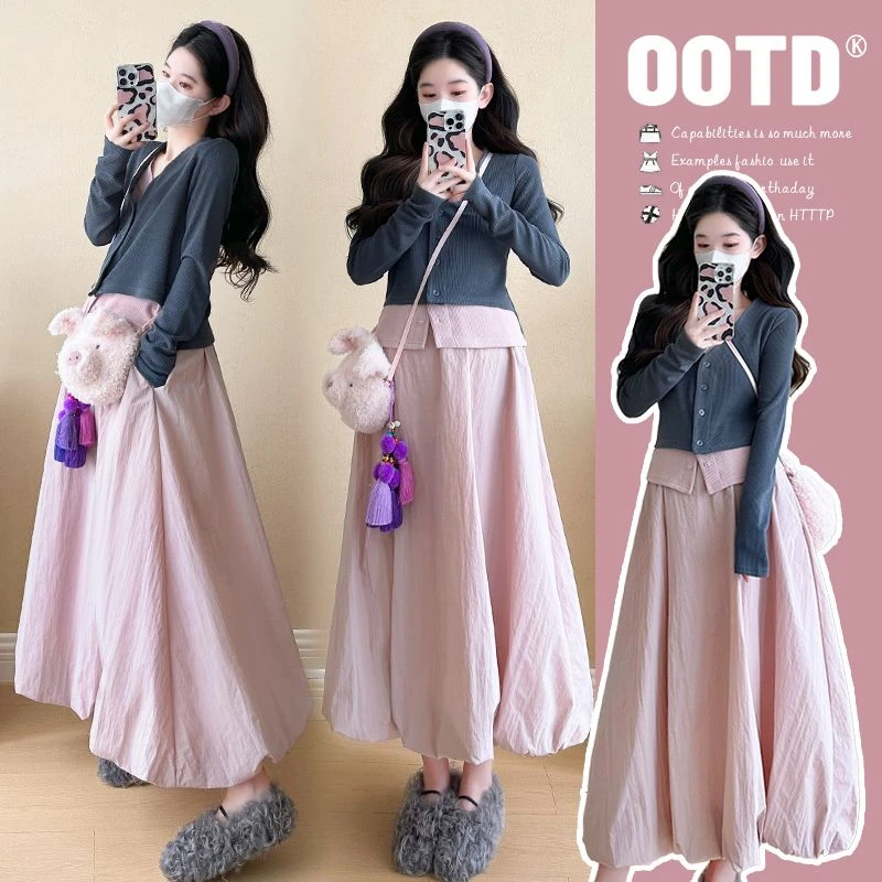 【枫丽】2025春秋新款孕妇韩版时尚减龄假两件上衣花包半身裙套装