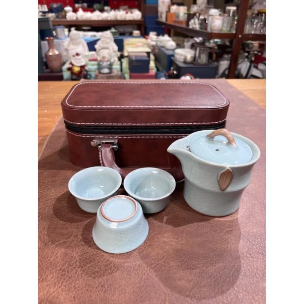 471天青竹节开片手抓壶小套装一壶三杯旅行茶具