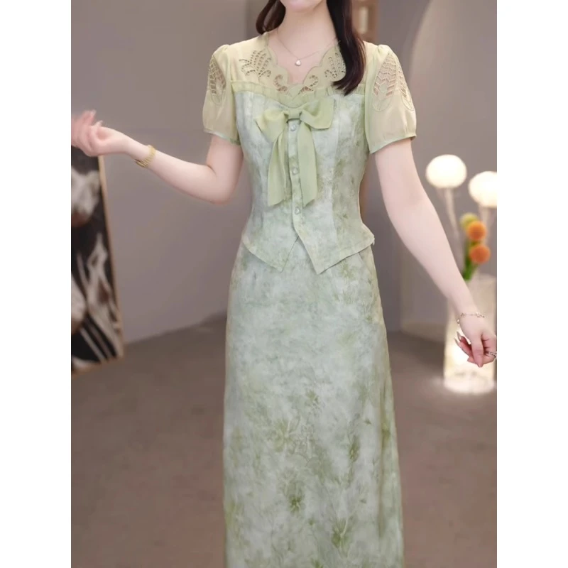 怡然气质优雅时尚休闲套装2025夏季新款修身减龄显瘦半身裙两件套