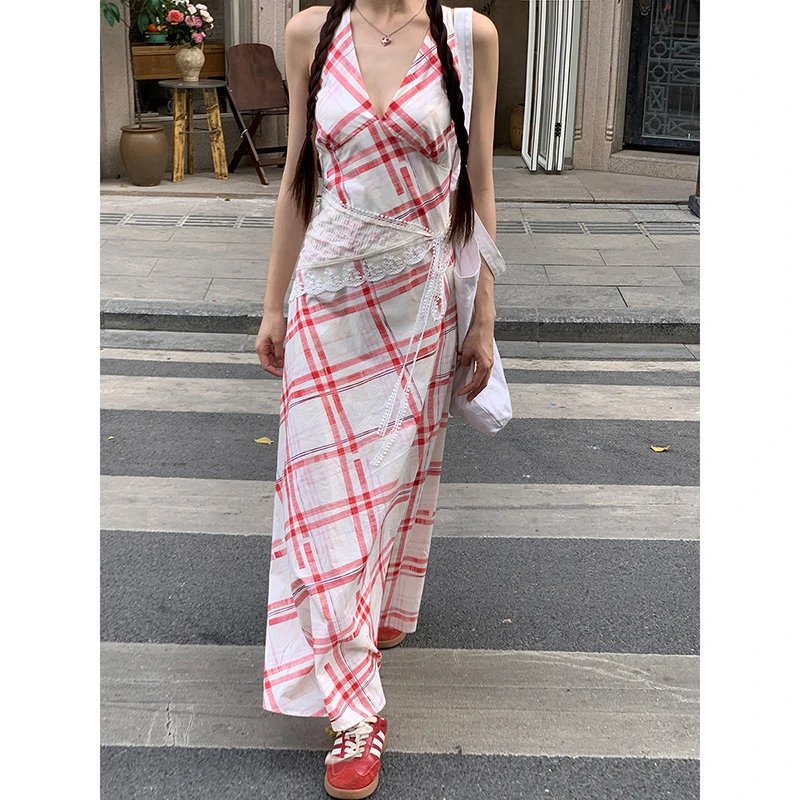 【欧洲小镇连衣裙】春夏法式度假风V领气质格子收腰连衣裙251N1282