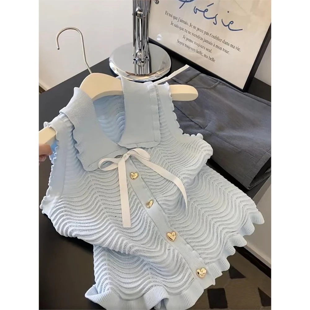 捡漏专柜撤回小香风荷叶边针织无袖背心女夏季设计感气质翻领上衣