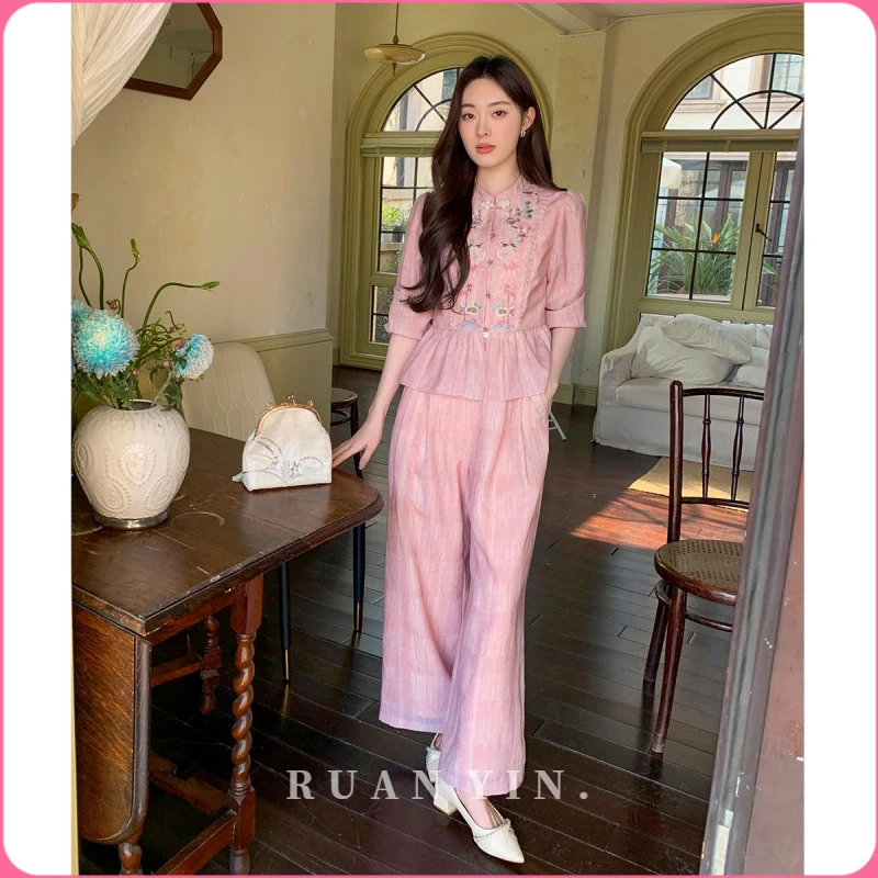 RUAN YIN新款2025春夏季新中式国风刺绣衬衫上衣长裤粉色套装女
