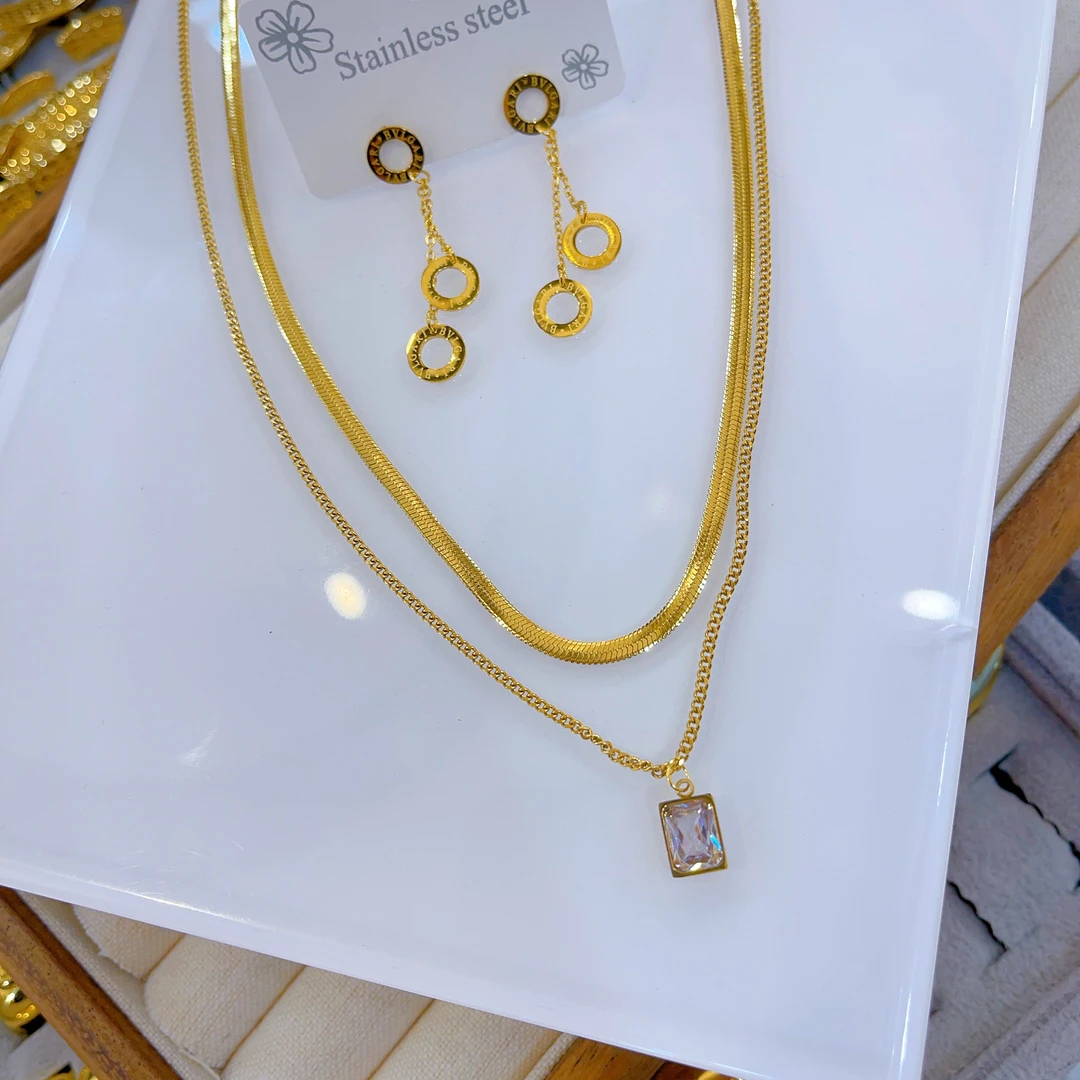 钛钢项链 411新款两件套钛钢不掉色首饰耳环项链