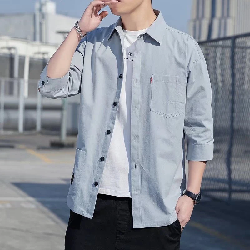 春夏薄歀衬衫男七分袖中袖短袖韩版修身工装宽松外套夏季衬衫男