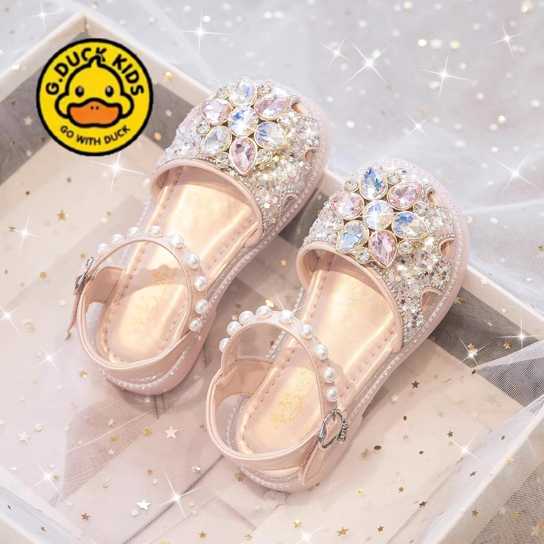 小黄鸭女童鞋子儿童公主包头凉鞋夏季新款女孩宝宝水晶鞋大童软底
