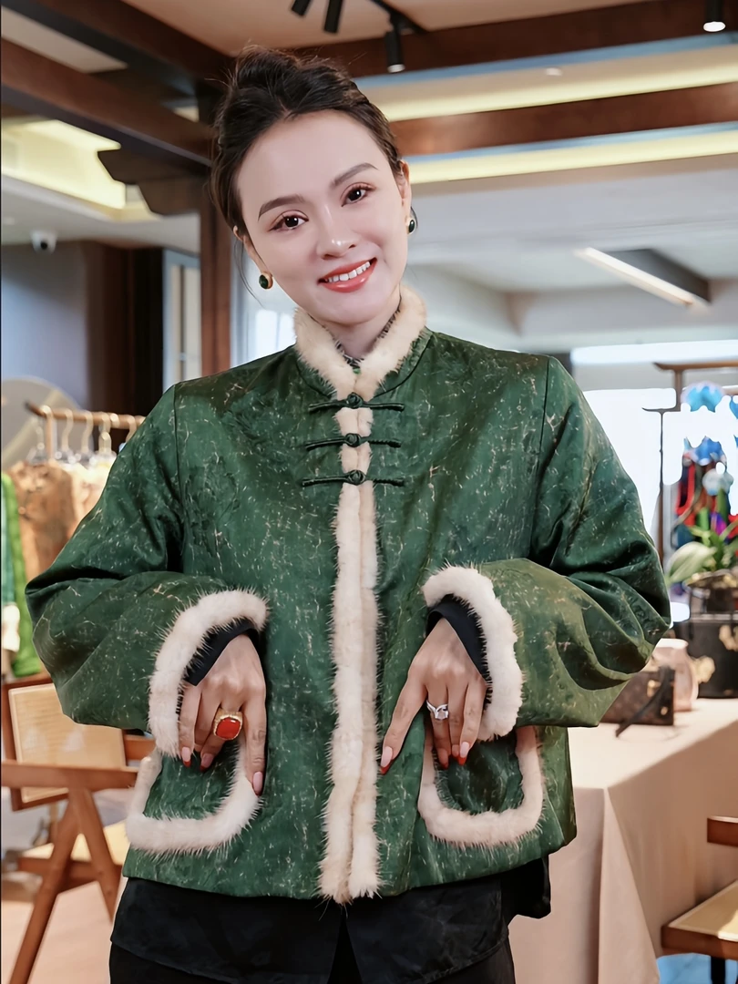 【汪汪专属】复古提花水貂毛拼接棉服外套女国风50553