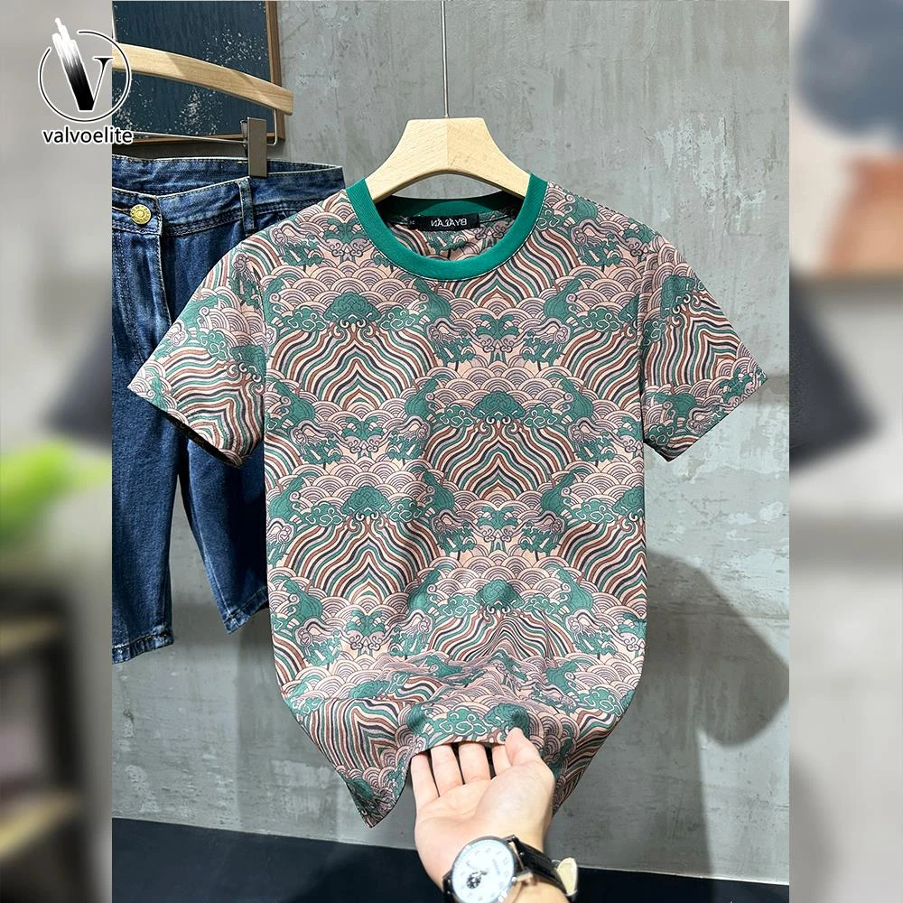 VALVOELITE夏季新款韩版圆领花色短袖体恤男时尚印花潮流薄款上衣