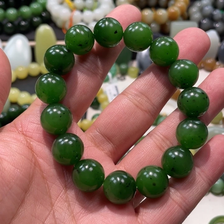 和田玉未镶嵌手串俄碧卡14辣阳绿