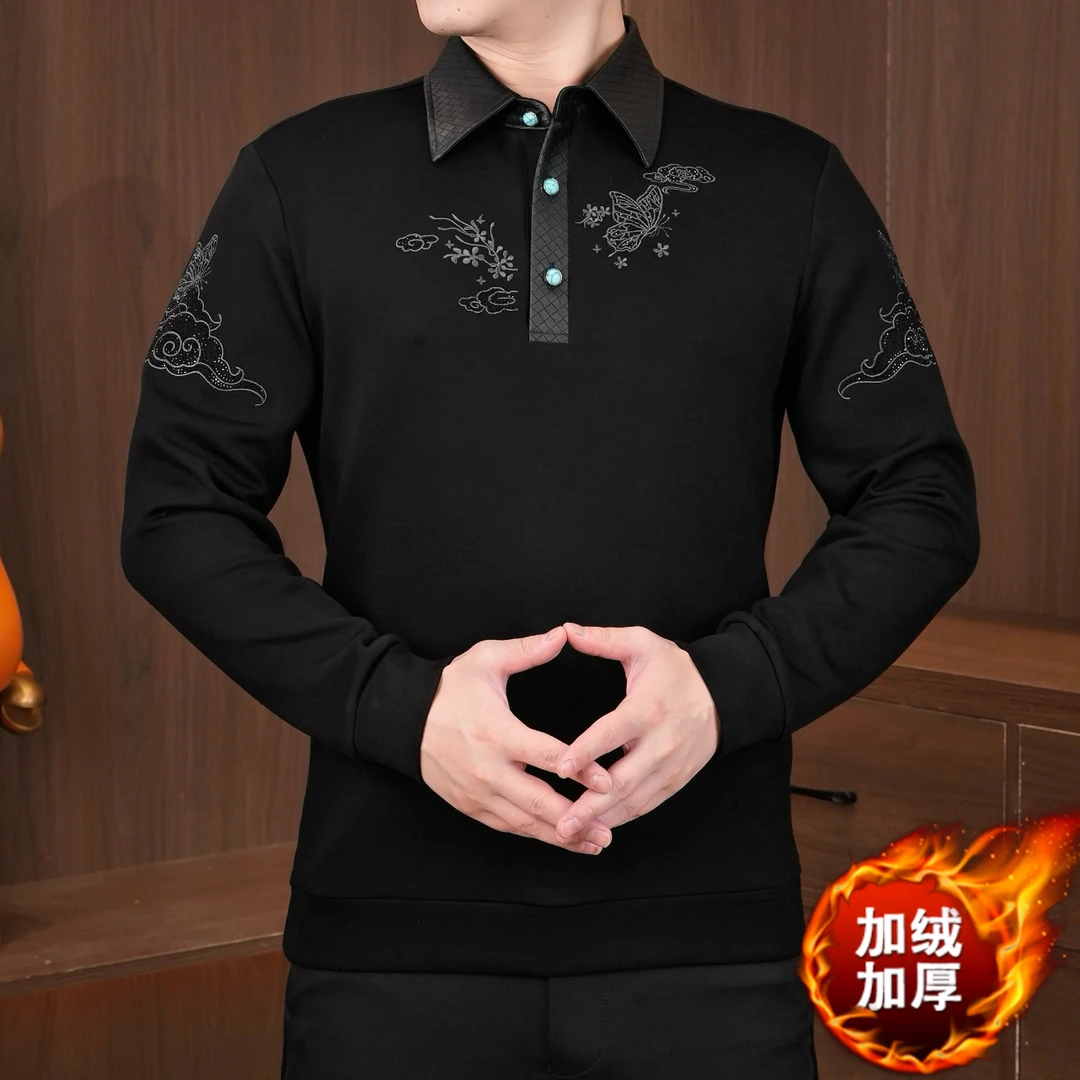国风刺绣秋冬长袖翻领男士polo领卫衣潮流休闲加绒加厚保暖