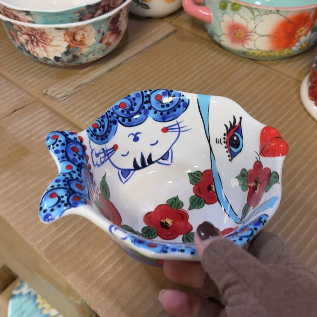 瓷7英寸猫鱼碗一只