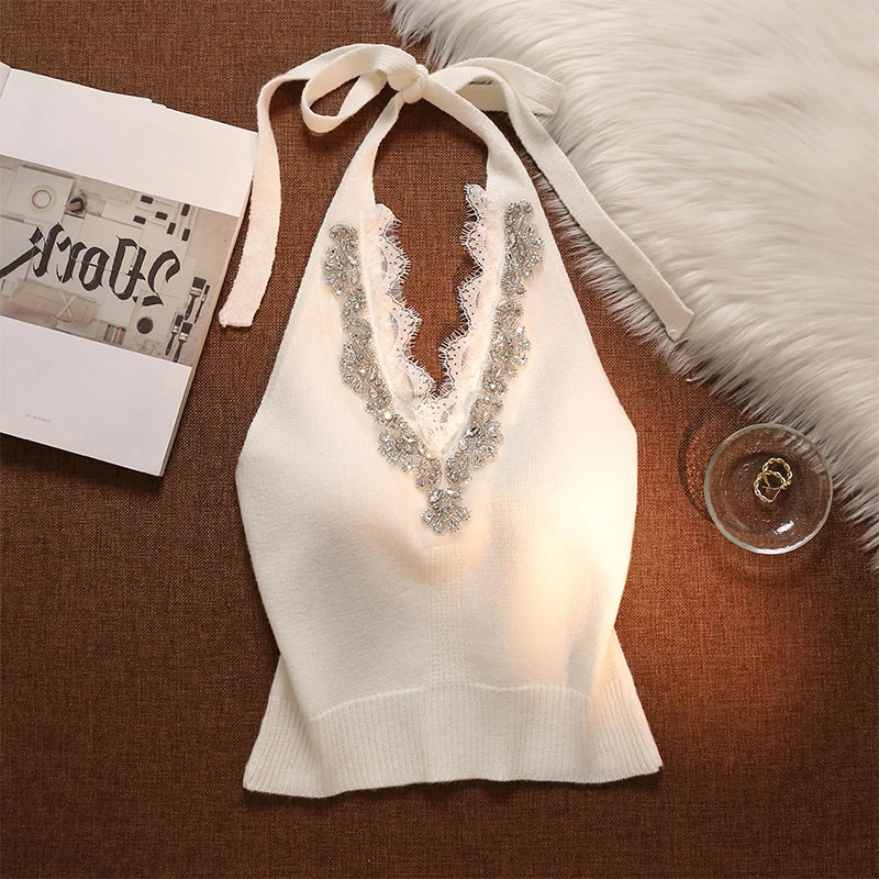 吊带女法式纯欲风重工水钻蕾丝拼接v领秋冬新款修身显瘦挂脖背心