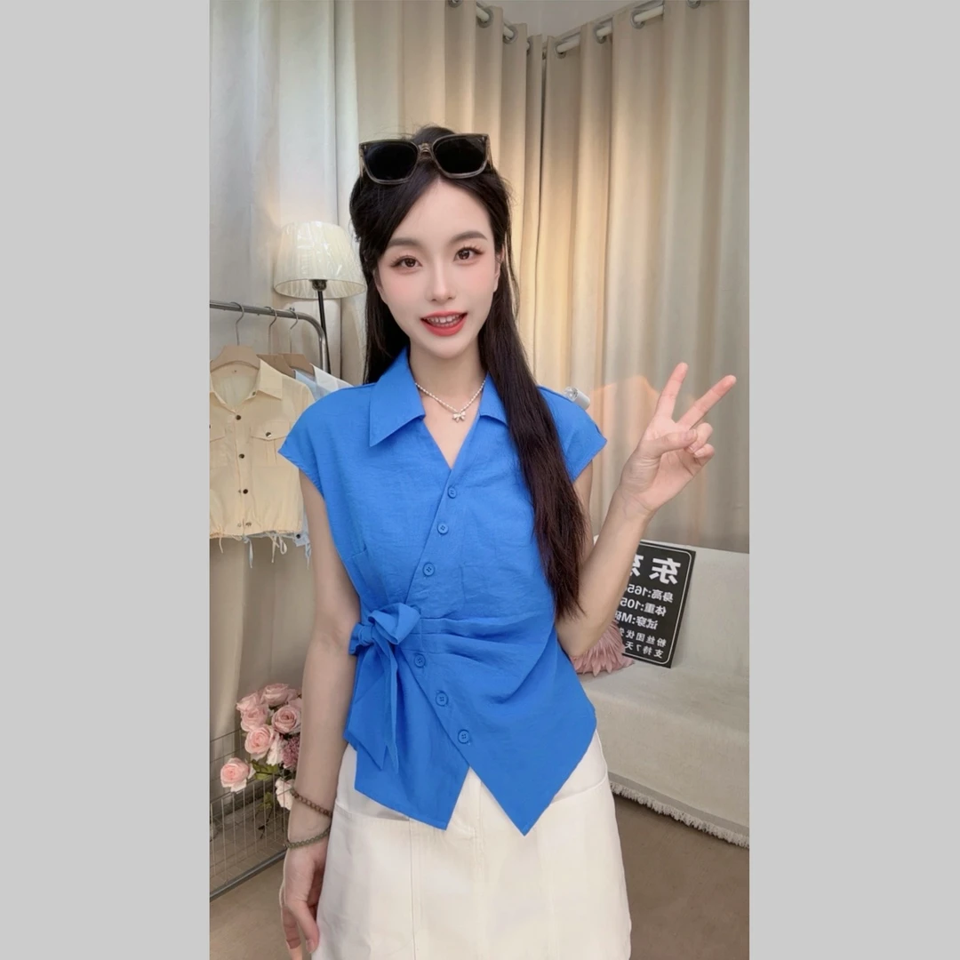 【东东】夏季v领收腰短款上衣显瘦气质百搭上衣阔腿裤
