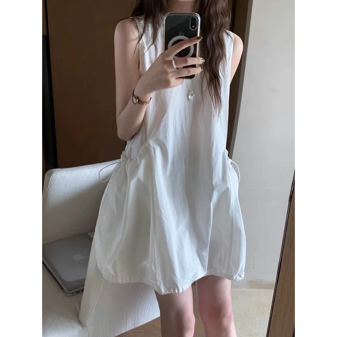 8558 韩系夏款减龄侧边口袋带背包花苞裙背心裙无袖显瘦连衣裙