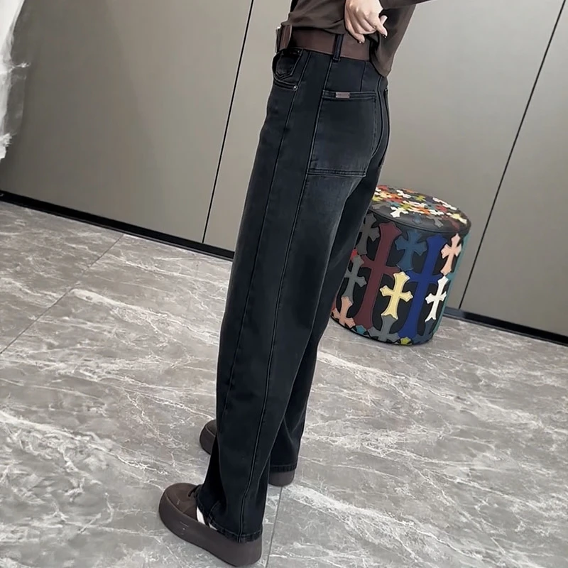 显瘦直筒弯刀拖地裤女2025秋季新款牛仔裤遮肉时尚减龄阔腿裤