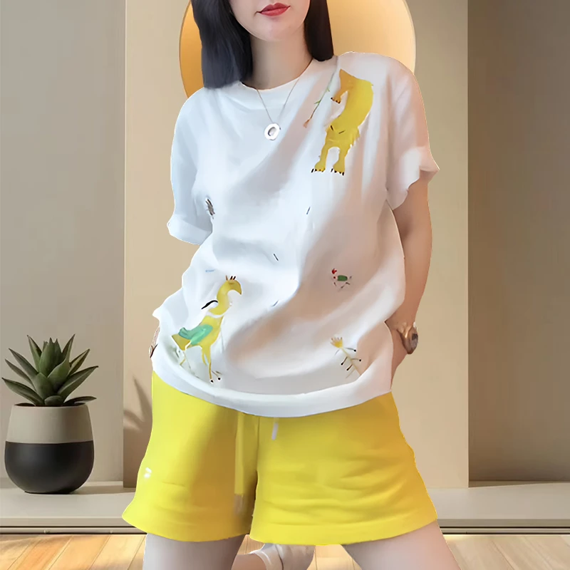 春季时尚休闲套装女宽松百搭印花t恤女款短袖收腰显瘦短裤一整套