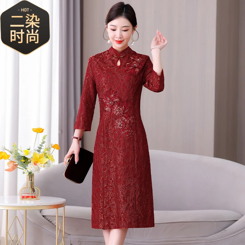 年轻喜婆婆婚宴装礼服裙秋季新款复古优雅红色连衣裙连衣裙气质显
