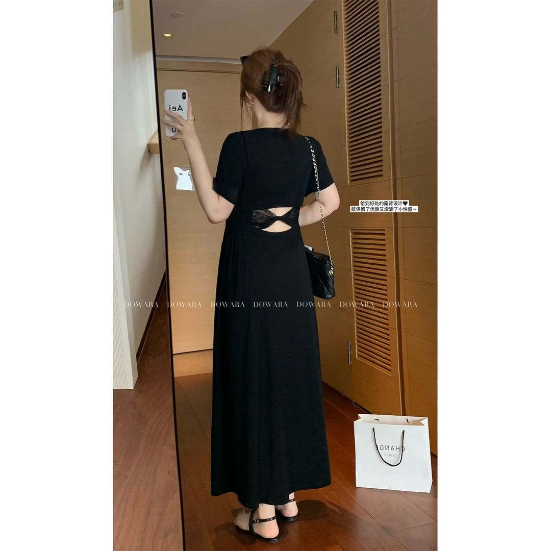 现货大婉酱微胖定制法式方领简约连衣裙女夏季气质遮肉长裙 9195D