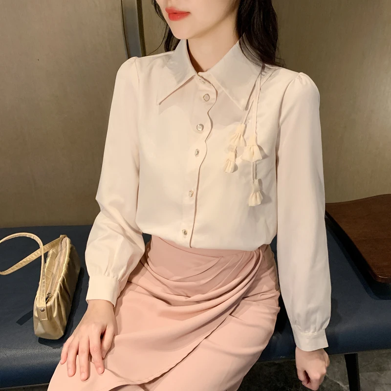 设计感小众花穗长袖衬衫女2025春秋季新款宽松减龄气质中国风上衣