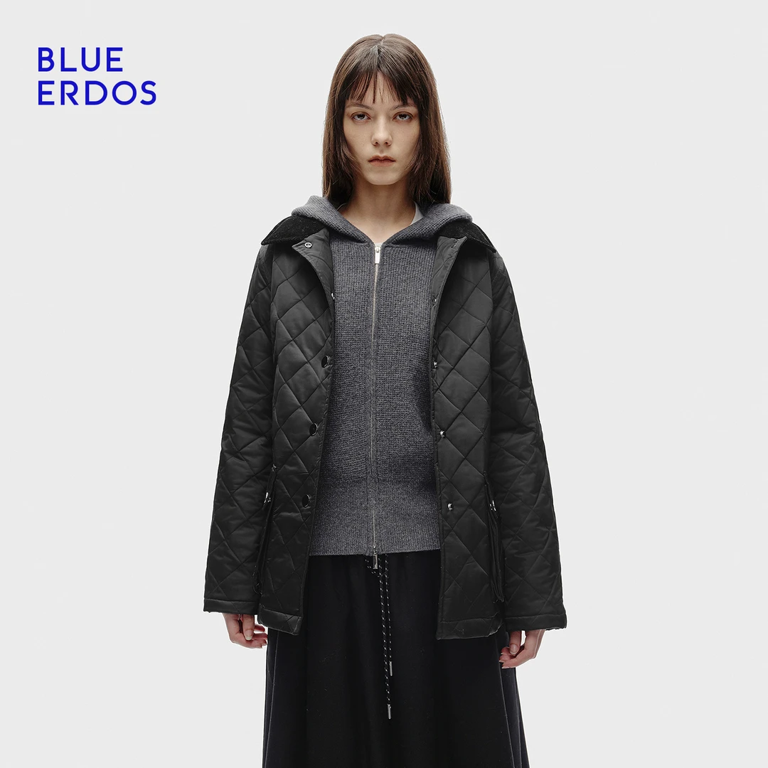 BLUE ERDOS2025秋冬新品简约通勤黑色灯芯绒翻领棉服女B256JB005