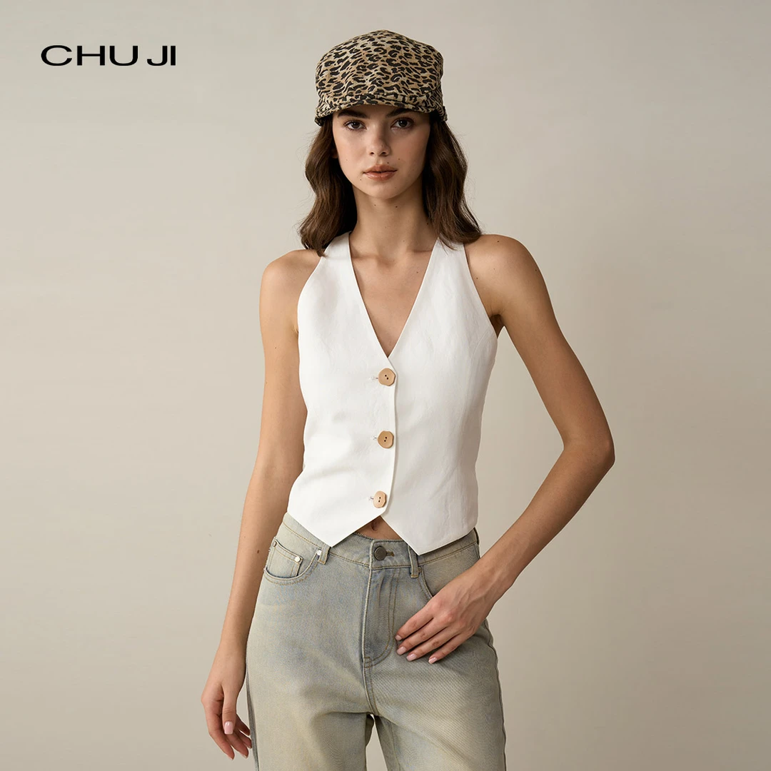 Chuji/出迹蕾丝美学 削肩V领麻料马甲背心女蕾丝镂空马夹E1Z2379W