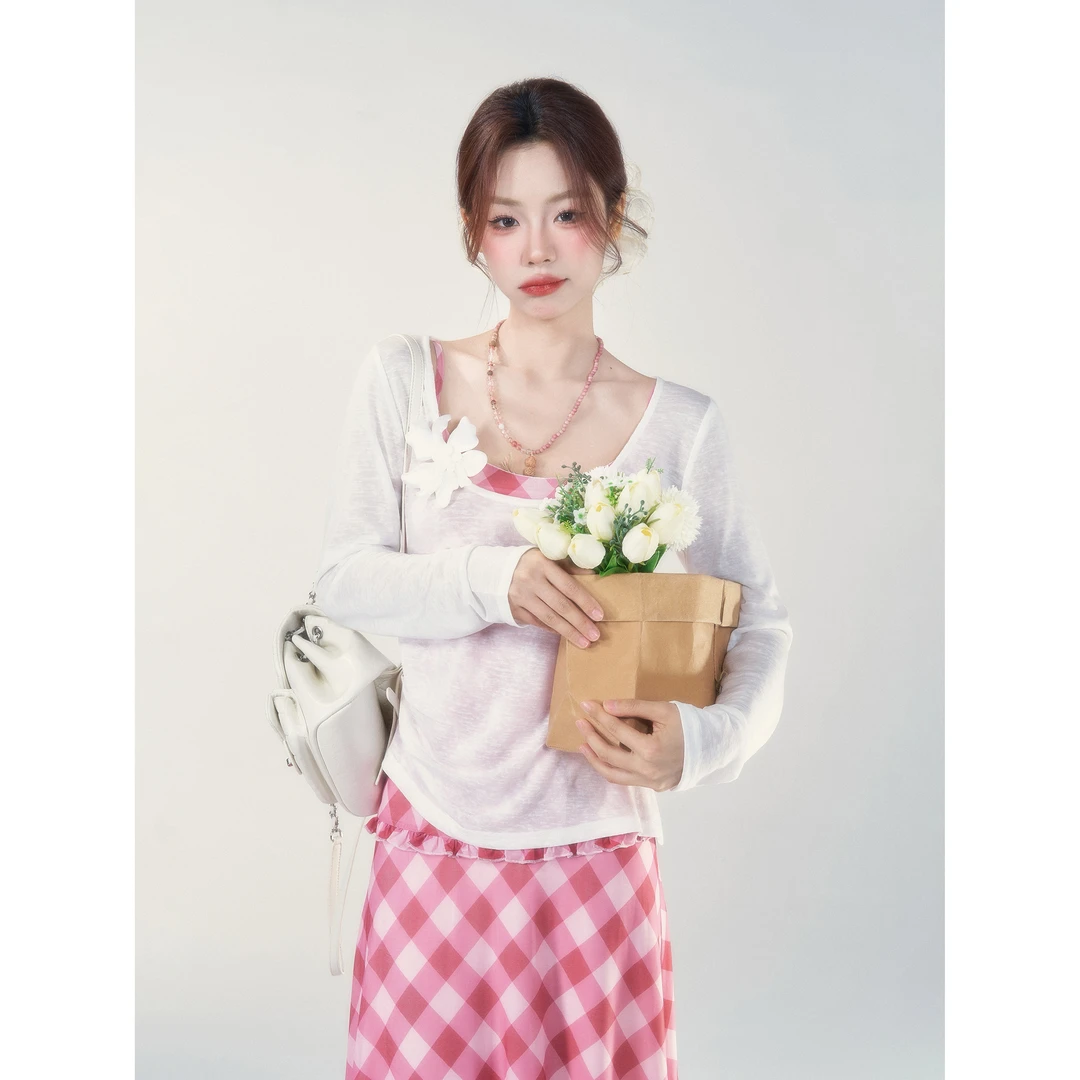 【小野莓】夏季法式纯欲休闲U领修身褶皱显瘦长袖罩衫BT67992