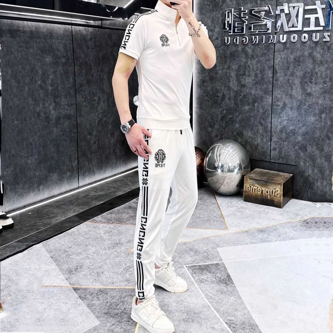 2025夏季新款高端男士薄款轻奢时尚紫荆花刺绣百搭潮流帅修身套装