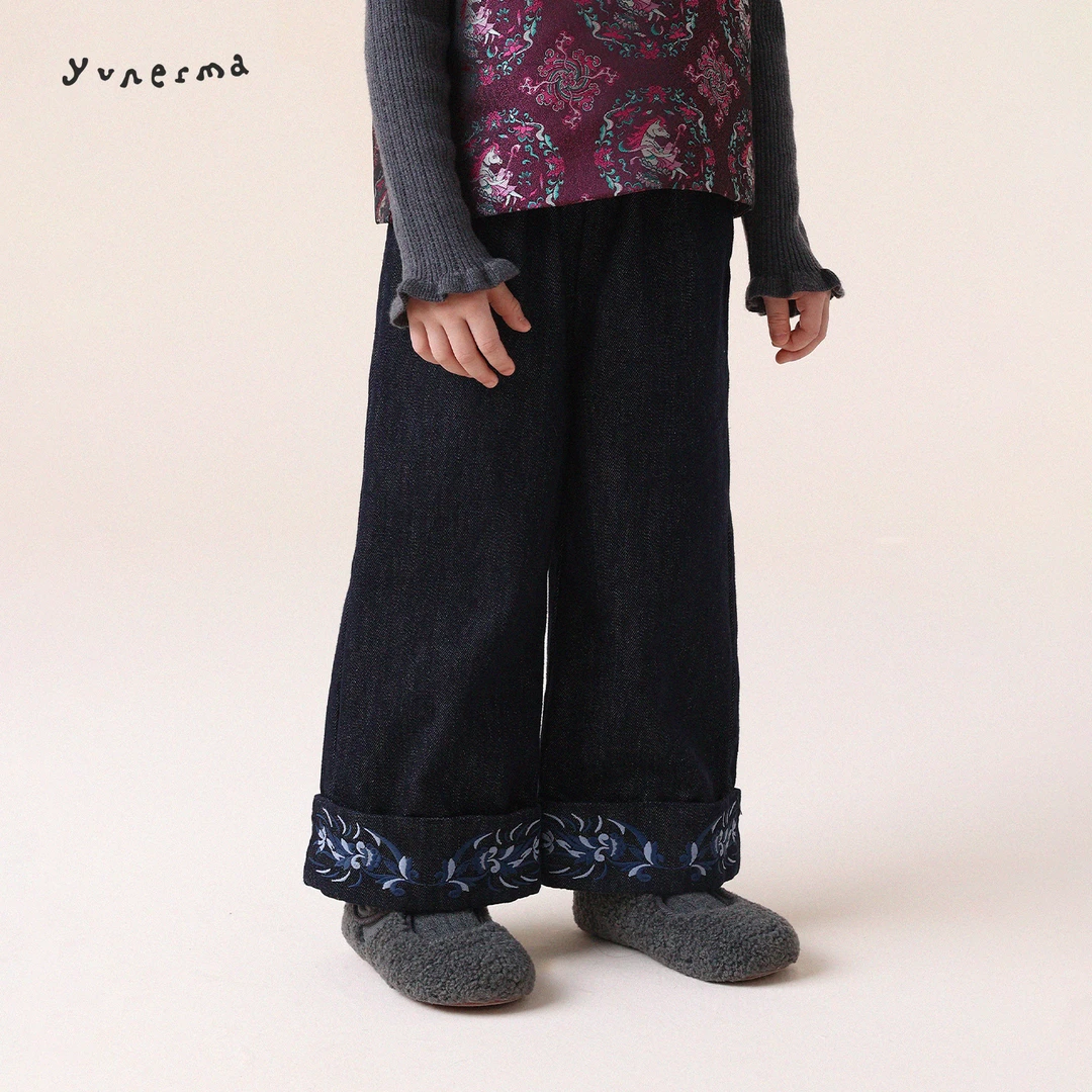 【古风刺绣】女童气质抓毛直筒休闲牛仔裤