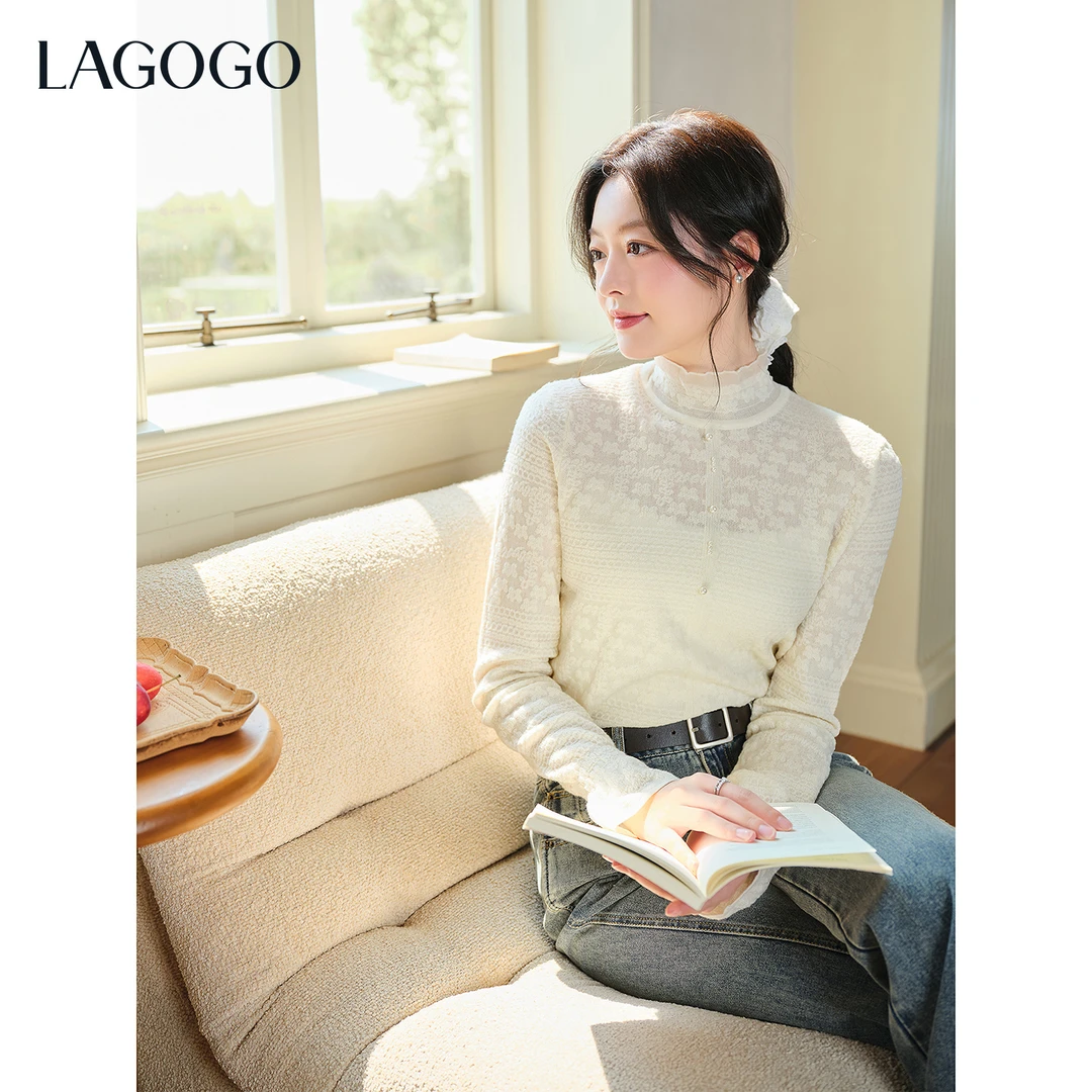 【芋总专属】lagogo拉谷谷新款立领木耳边花纹针织衫女OCMM47XGJ9