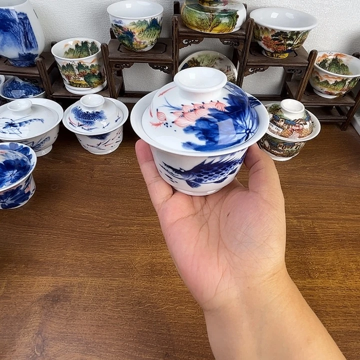 忠意堂釉下彩荷花鳜鱼盖碗微瑕不退