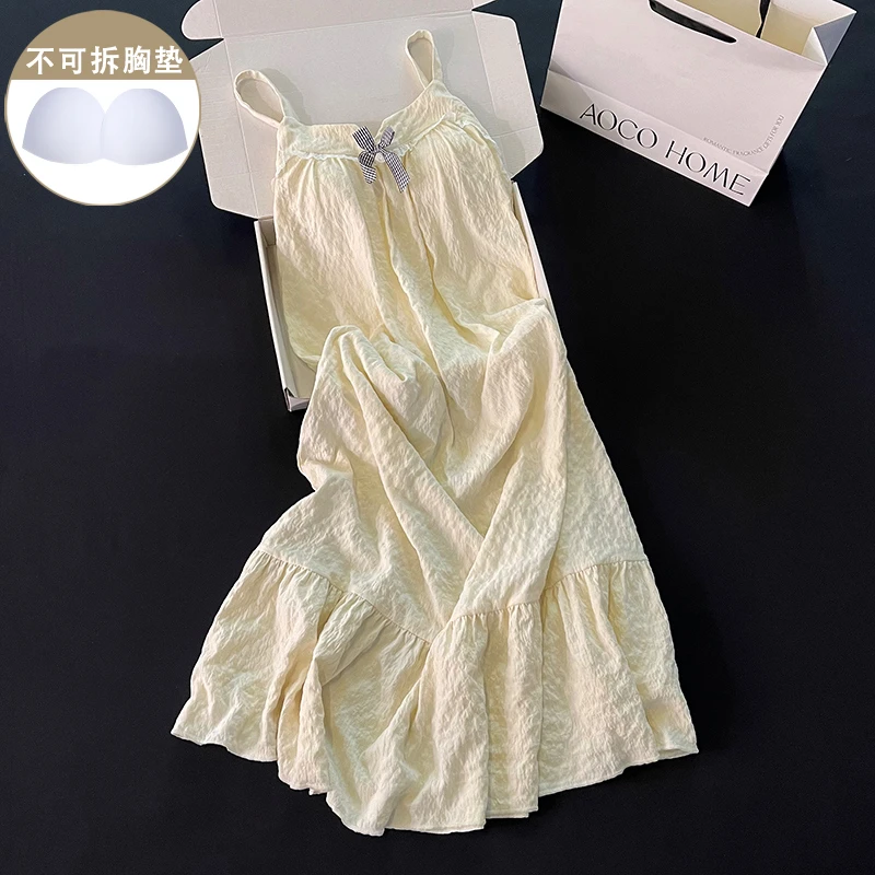 2025年新款杏色蝴蝶结睡衣女夏季甜美带胸垫吊带睡裙韩系风家居服