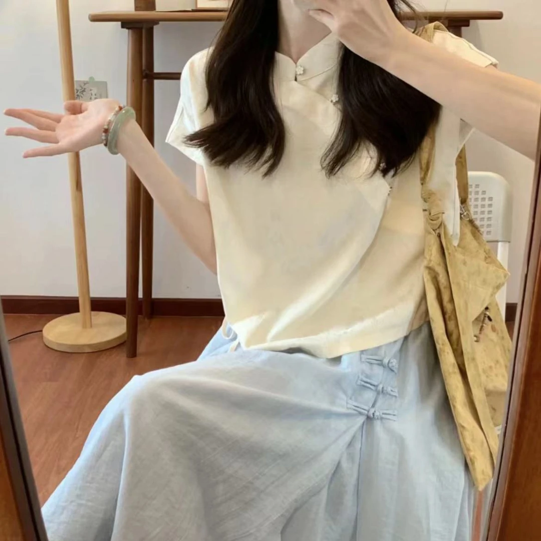 2025新款夏季新中式国风提花T恤抽绳收腰裙裤两件套百搭气质上衣