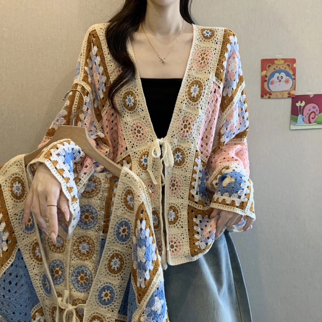 波西米亚风镂空防晒开衫女2025夏秋新款胖MM松弛感显瘦钩花针织衫