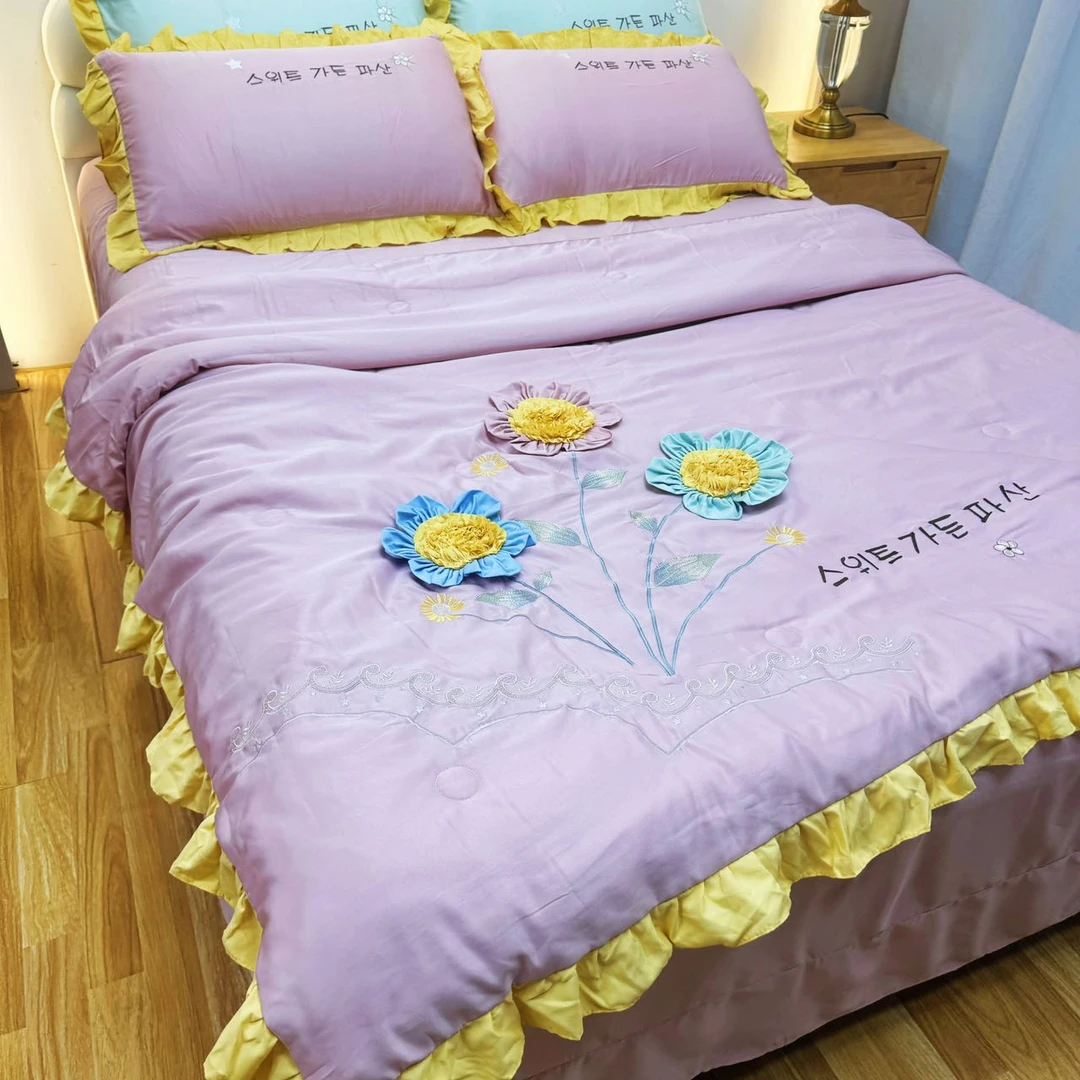鸟语花香-韩版重工刺绣手工立体花韩式刺绣夏凉被床单同色四件套
