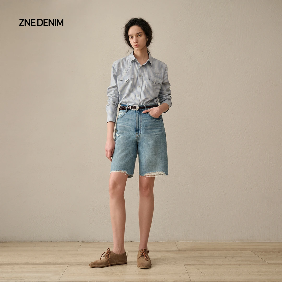 ZNE复古松弛感磨边破洞牛仔短裤1282