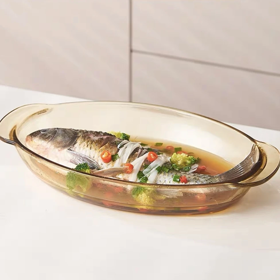 鱼盘菜盘装鱼碟子沙拉盘玻璃盘双耳碗椭圆形欧茶色网红家用大号