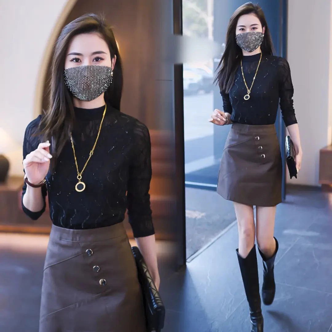 时尚洋气高级感小众上衣百搭长袖半高领黑色蕾丝打底衫女遮肚小衫