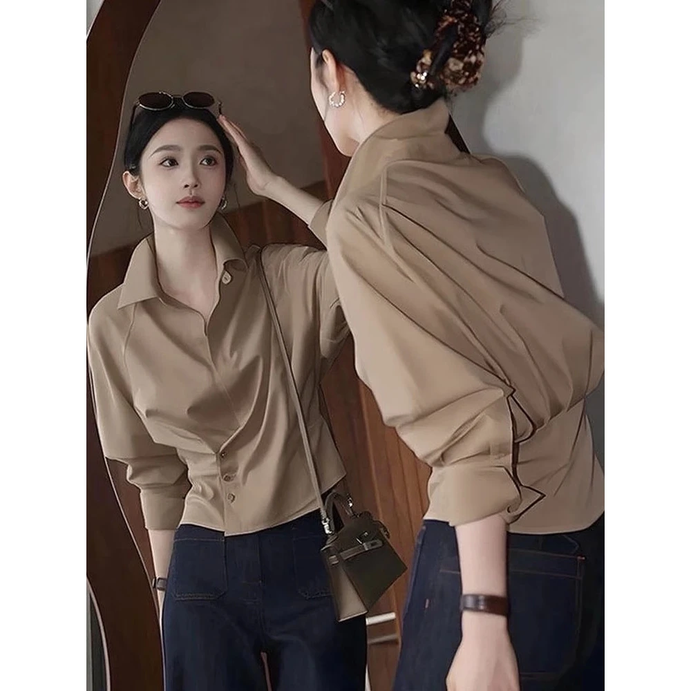 轻奢高级感咖色长袖衬衫女新款秋季法式气质通勤收腰显瘦百搭上衣