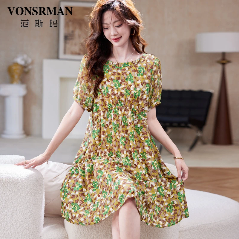 范斯玛短袖新款雪纺裙夏季宽松洋气休闲减龄时尚连衣裙裙子碎花