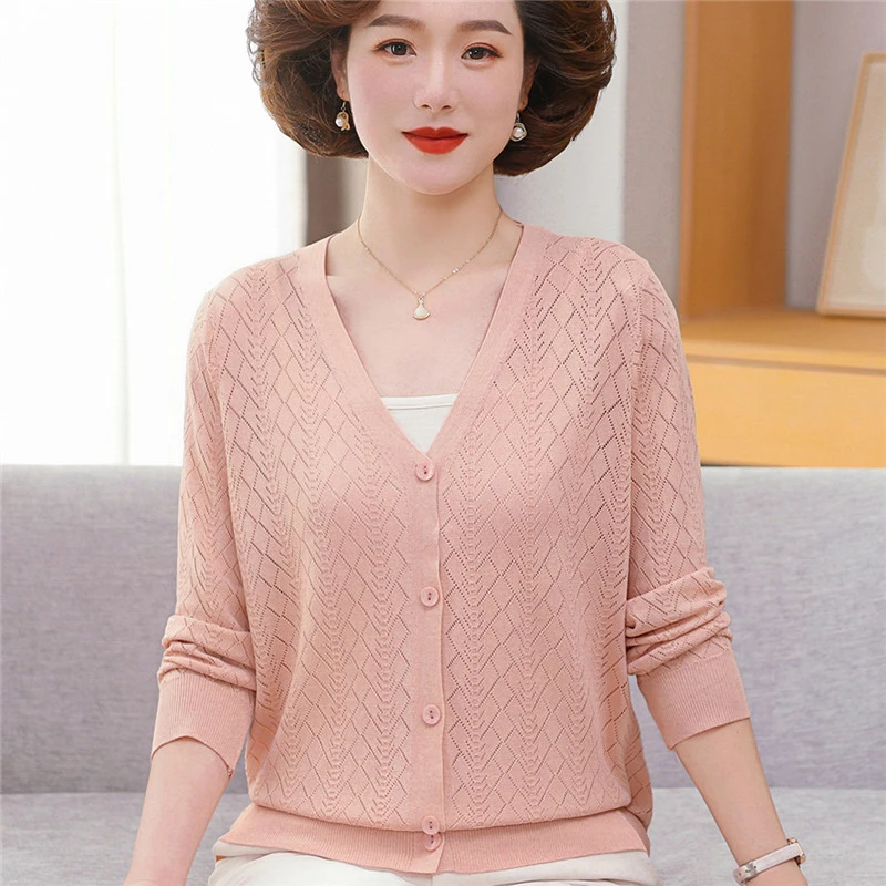 洋气妈妈春夏新款冰丝上衣长袖针织开衫中年女夏季薄款外搭空调衫